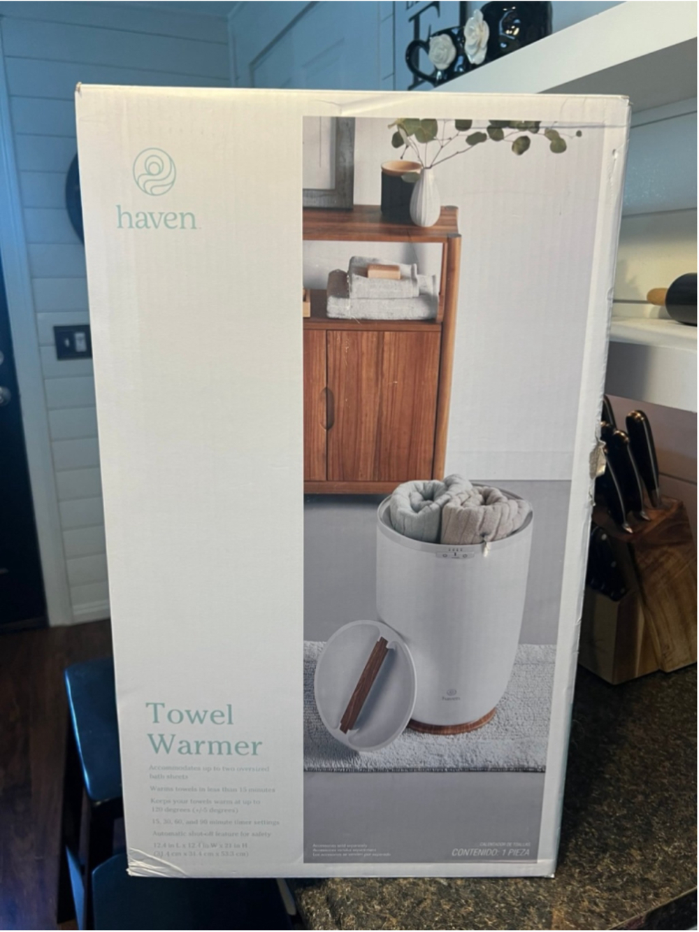 New Haven Towel Warmer in White/Wood Accents, On/Off Switch, Automatic Shut Off